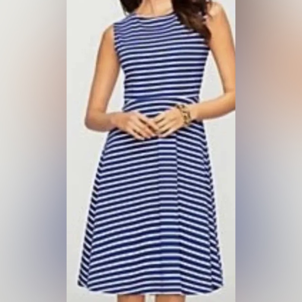Talbots Blue and White Fit and Flare Dress Sleeveless Crew Neck